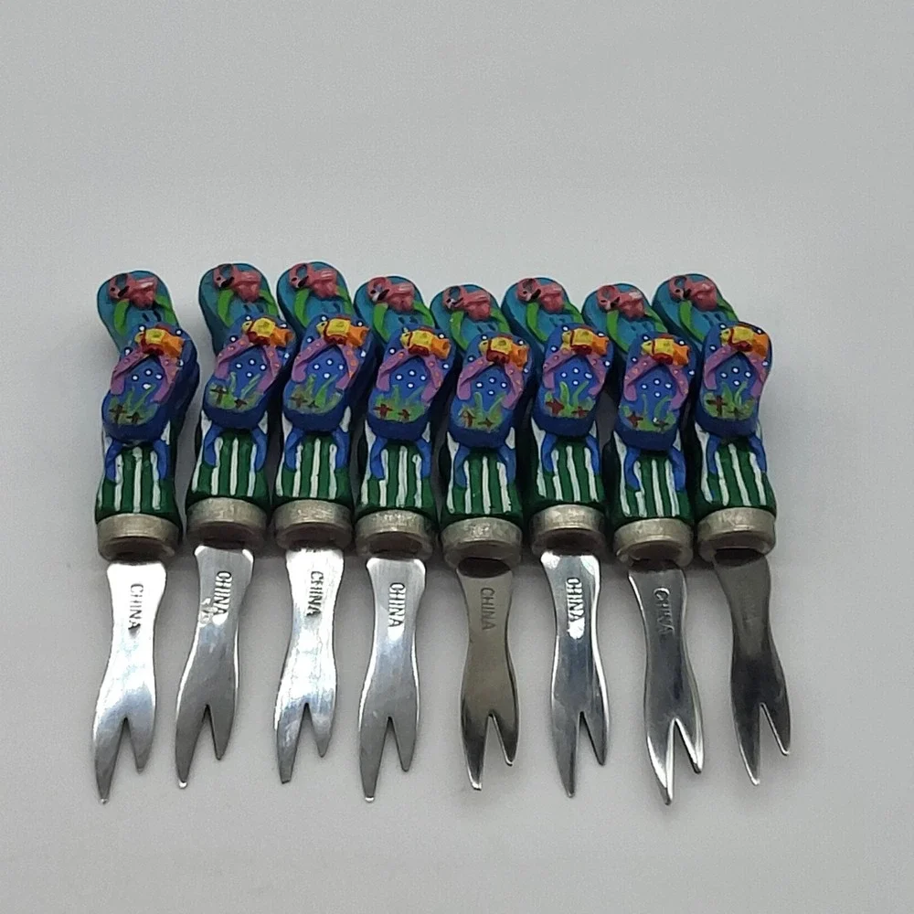 Appetizer Forks Novelty Flip Flops Flamingo & Fish Summer Cocktail Set Of 8